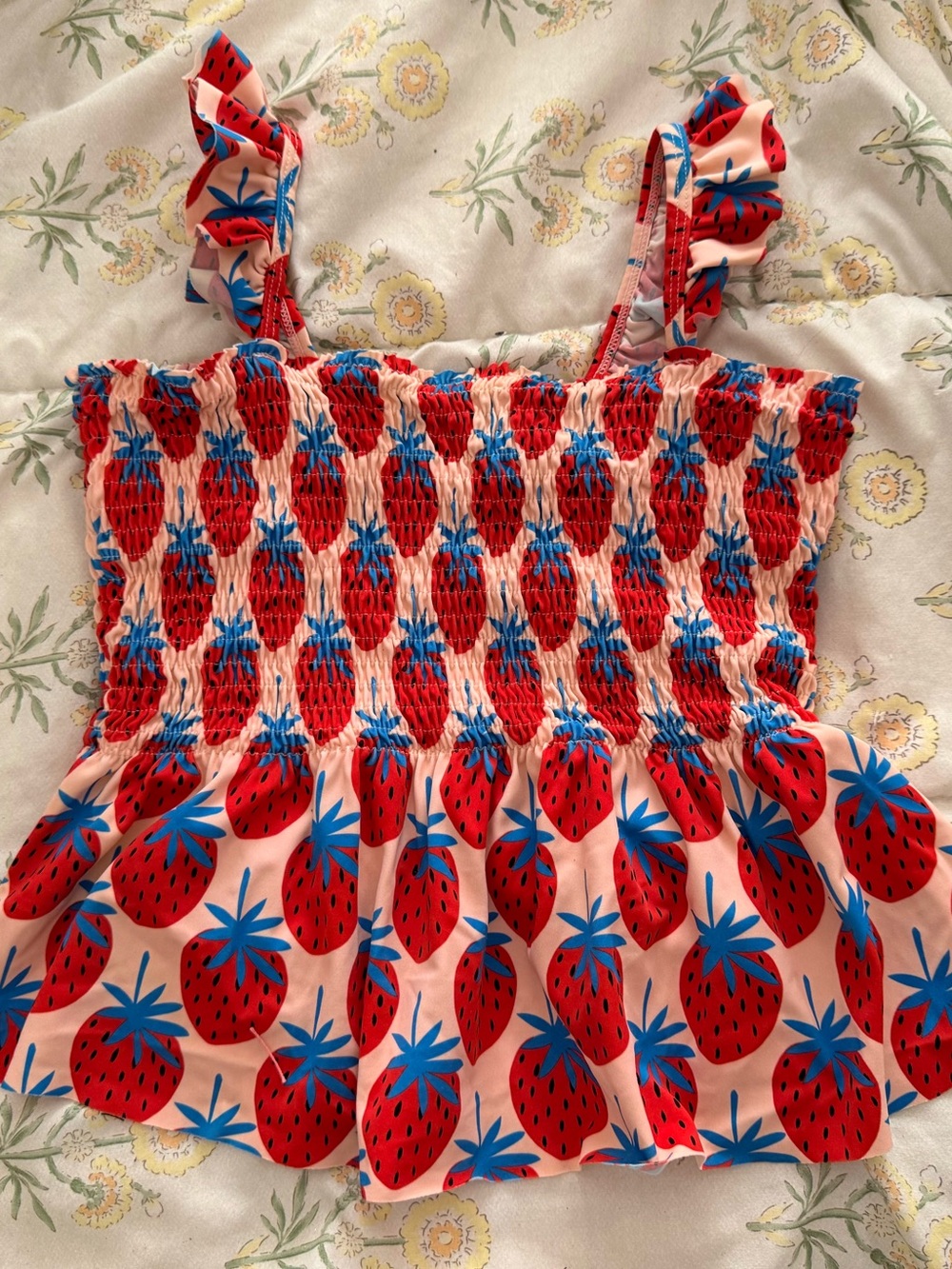 Strawberry Print Smocked Tankini swimsuit Top Hanna Andersson girls 12